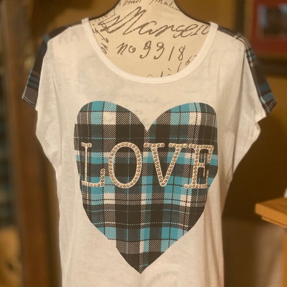 🎄🎁🎄Cute Plaid LOVE Cap Sleeve Top - Picture 2 of 7